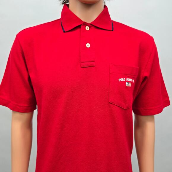 Polo Jeans Co. Ralph Lauren RL Spell Out US Flag Pocket Tipped Polo VTG Sz L Red - Picture 1 of 12